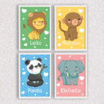 Kit 4 Quadros Leão, Macaco, Panda e Elefante Infantil - 1275