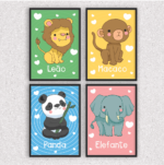 Kit 4 Quadros Leão, Macaco, Panda e Elefante Infantil - 1275
