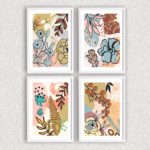 Kit 4 Quadros Flores Folhas Abstrato - 7504