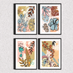 Kit 4 Quadros Flores Folhas Abstrato - 7504