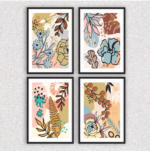 Kit 4 Quadros Flores Folhas Abstrato - 7504